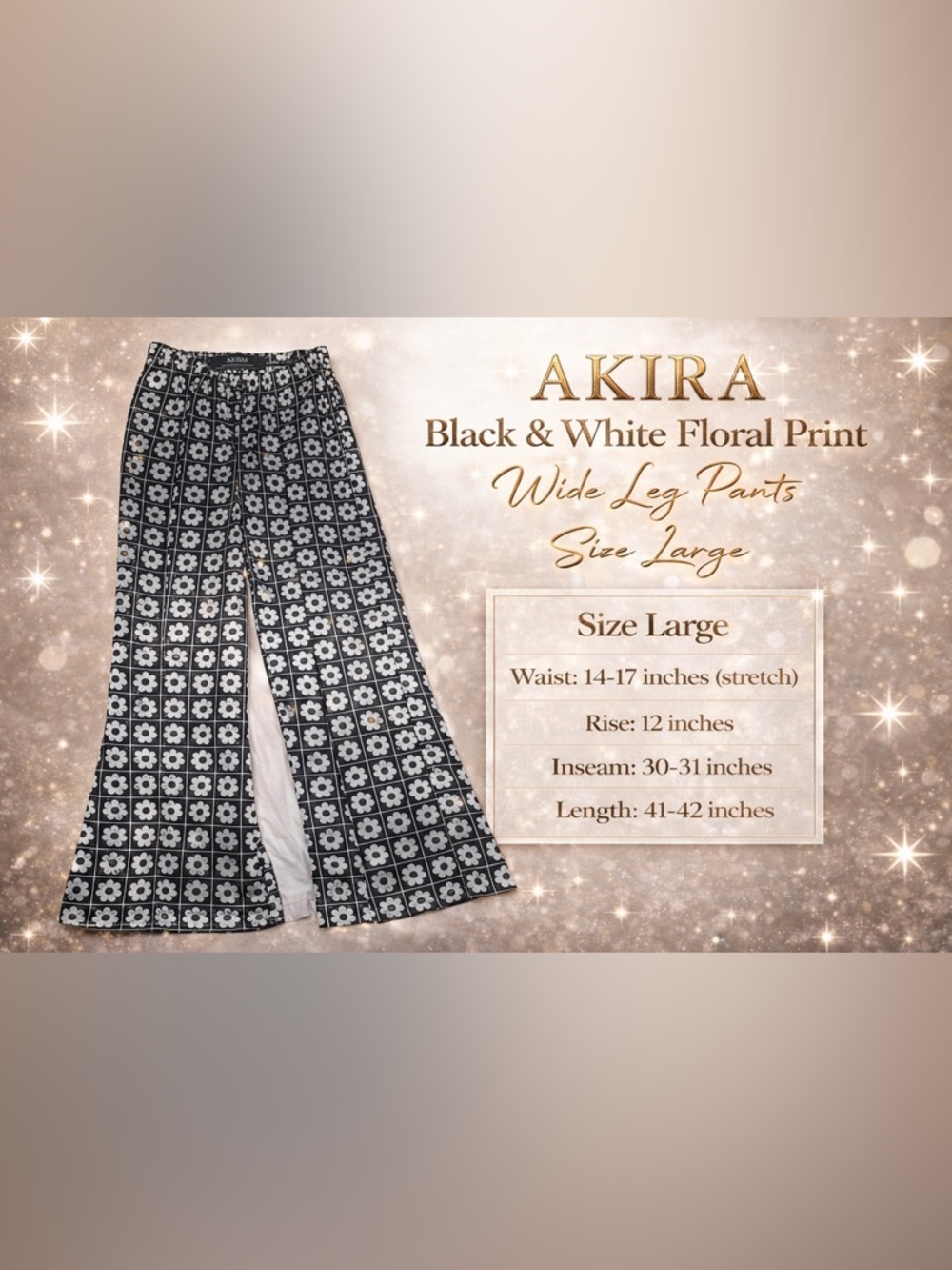 AKIRA Black & White Floral Print Wide Leg Pants Size Large